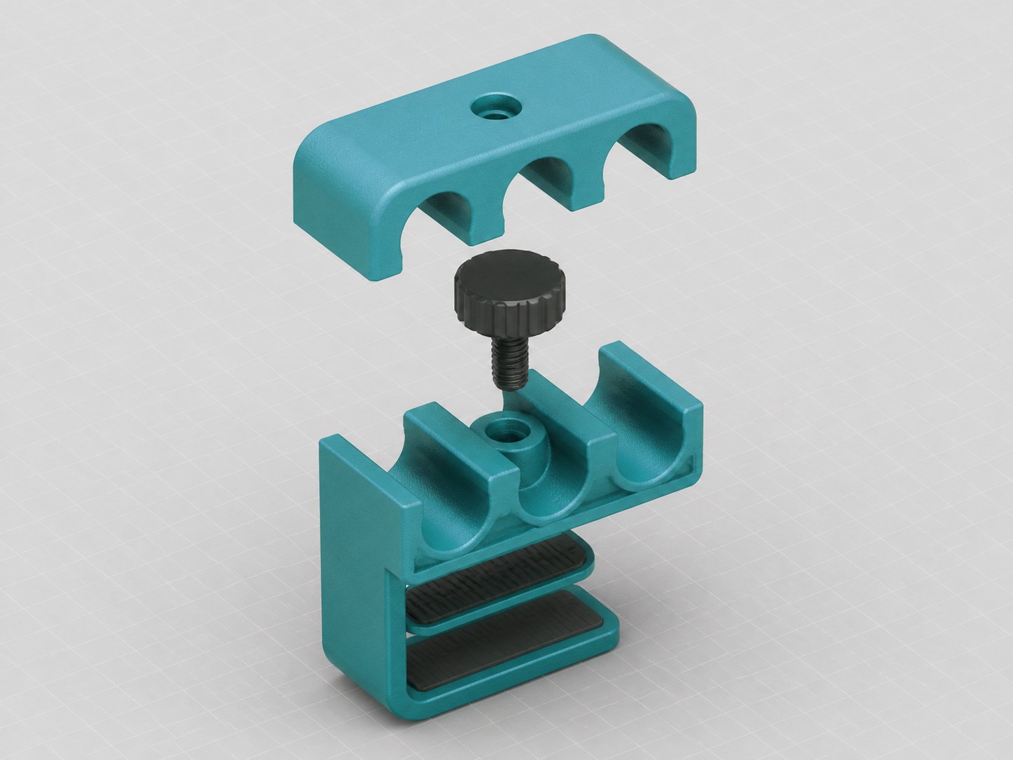 Illustrative exploded CAD render of a three-channel desk cable clamp
