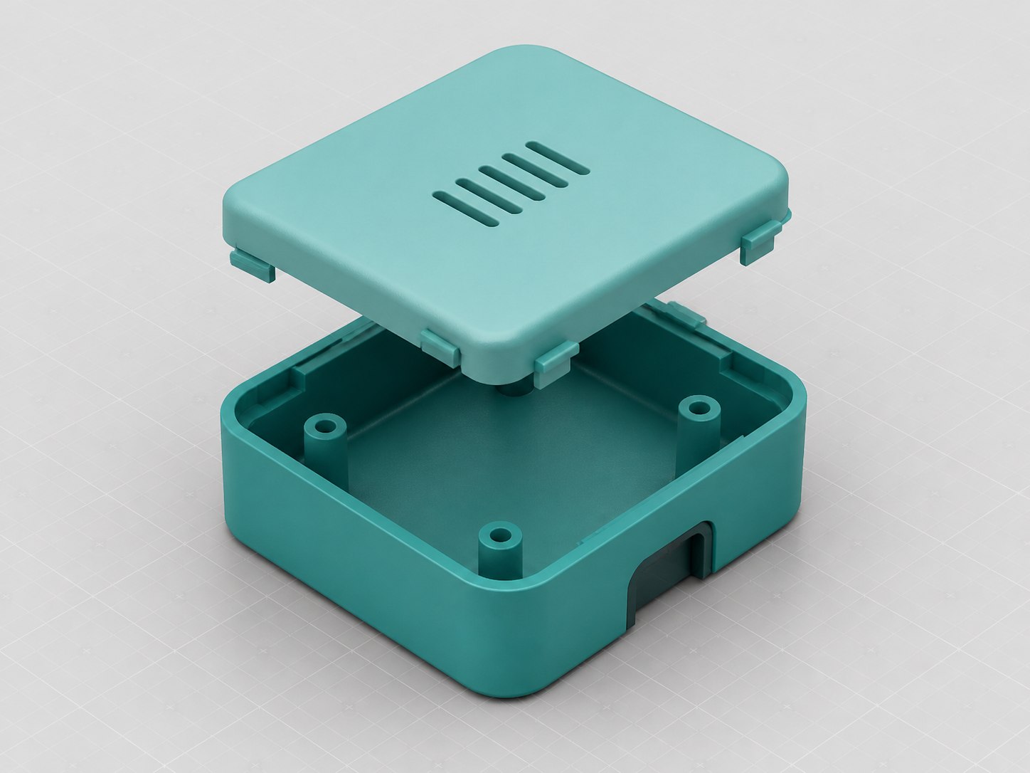 Illustrative exploded CAD render of a ventilated snap-fit sensor enclosure